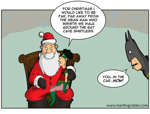 A comic of Robin sitting on Santas lap